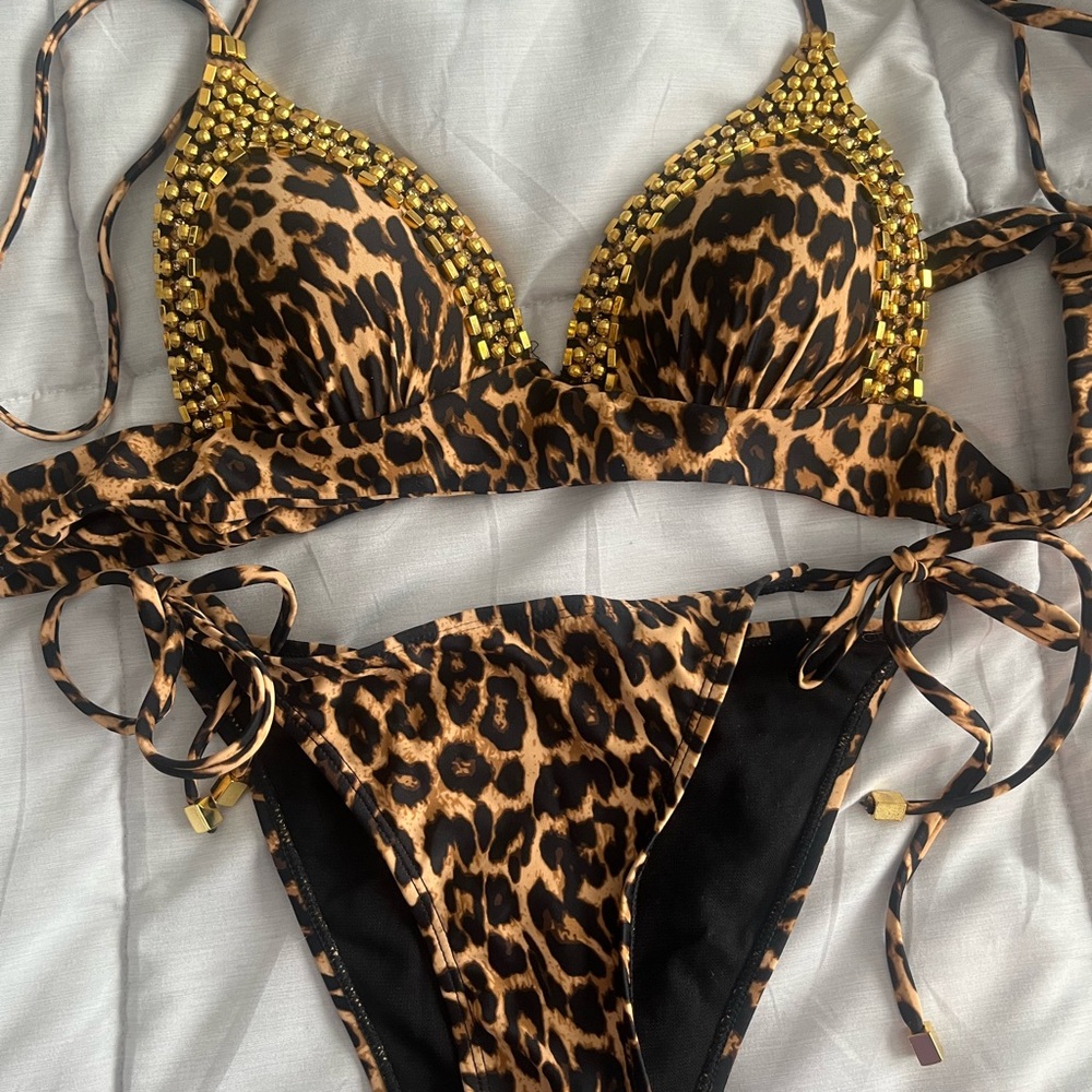 Fashion Nova Leopard Print Bikini with Gold Accents